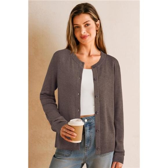 Women's Wool Blended Cardigan Sweaters Lightweight Coffee - Picture 2 of 6